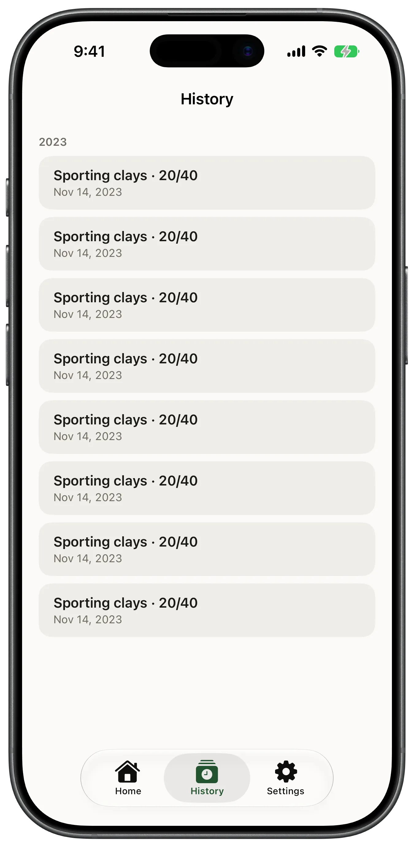 A shooter's round history in StandCard, shown on an iPhone